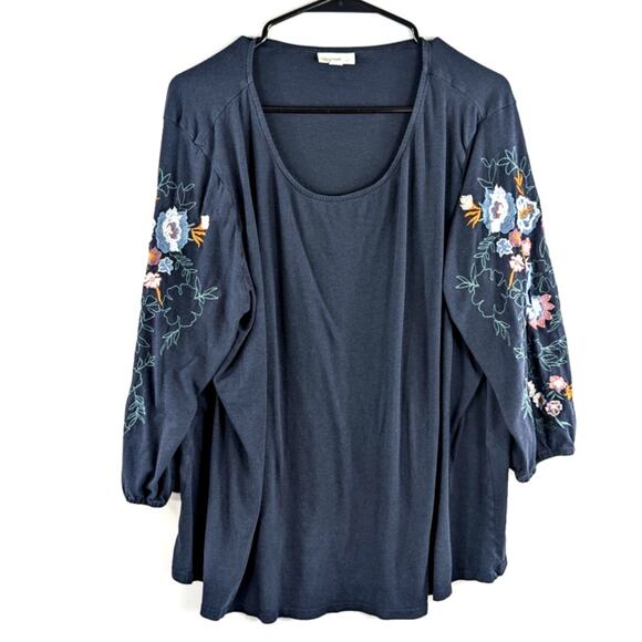 J. Jill Sweaters - J Jill 2X Embroidered Open Front Knit Cardigan Womens Blue Floral Boho Top